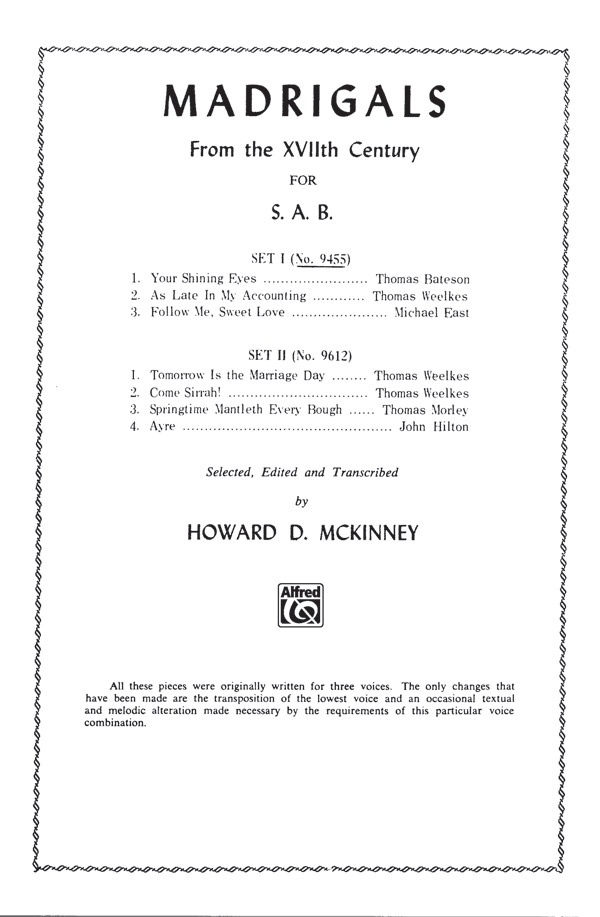 Madrigals From The Xviith Century Choral Octavo
