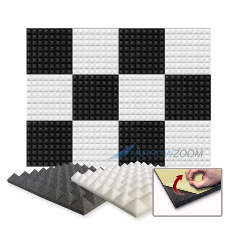 Arrowzoom Pyramid Self-Adhesive Acoustic Foam Tiles — Peel & Stick — Black X Pearl White Bundle - Kk1034