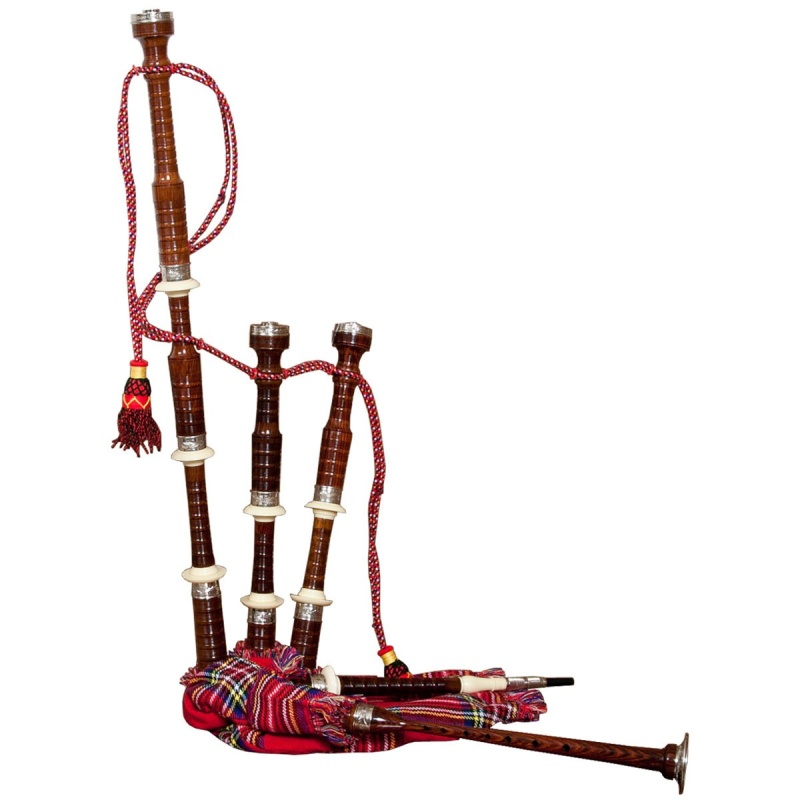 Roosebeck Full Size Sheesham Bagpipe Engraved Nickel Plated With Red Tartan Cover *Blemished