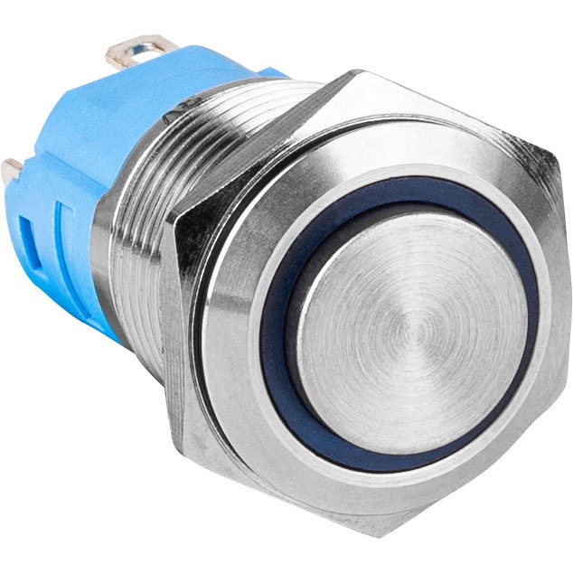 Spdt Latching 16Mm Stainless Steel Tamper/Waterproof Raised Push Button Switch With Blue Ring