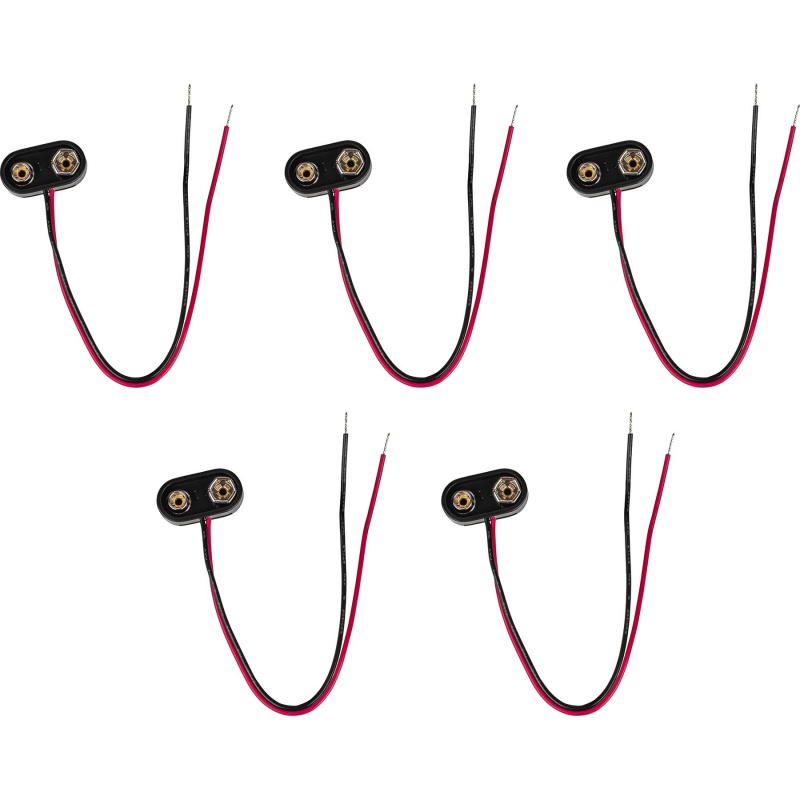 5-Pack Snap-Type Hard Plastic T-Style Battery Clip Connector For 9V Batteries & Battery Holders With 6"