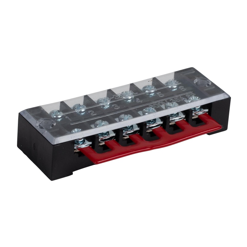 35A Barrier Terminal Block 6 Position Dual Row Screws 12 Pitch With Cover And Red Jumper