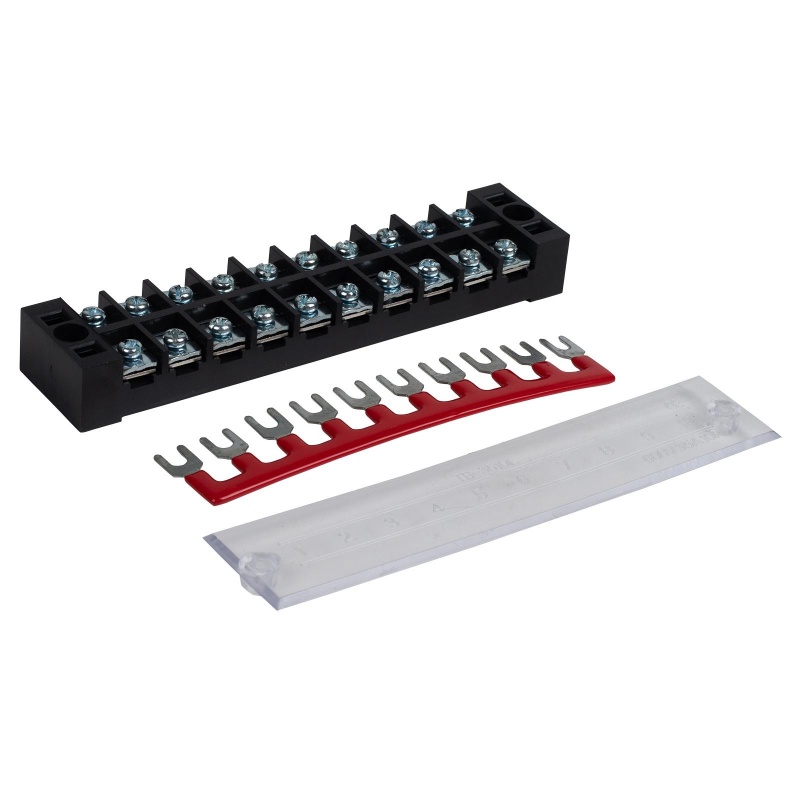 35A 10-Position Dual-Row Barrier Terminal Block with Cover and Red Jumper