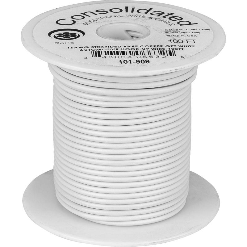 Consolidated 16 Awg Stranded Copper Gpt White Automotive Hook-Up Primary Wire 100 Ft