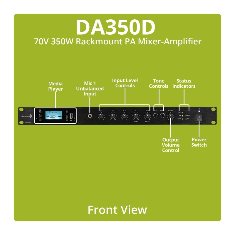 Dayton Audio Da350d Commercial Audio Amplifier 350W 70V/ 4 Ohm Mixer - 4 Mic 2 Aux 1 Telephone Input
