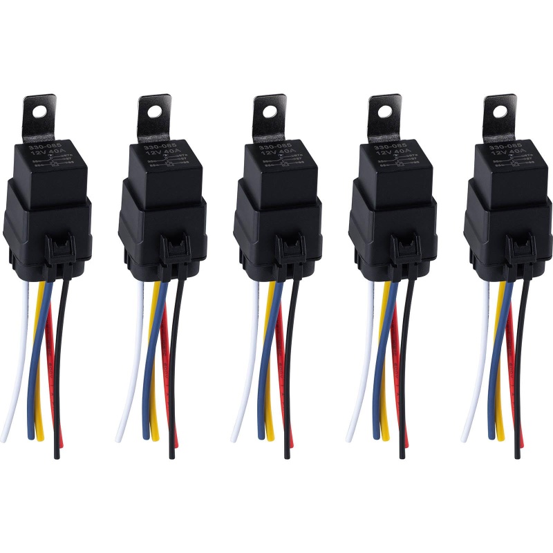 Waterproof 30/40A 12V Dc 5-Pin Spdt Bosch Type Relays With Interlocking Relay Sockets 5-Pack