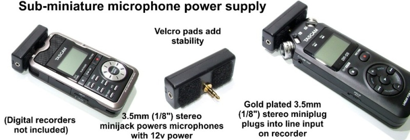 Micro-Mini Stereo Microphone Plug-In Power Supply With Mini 12Vdc Battery. Made In Usa