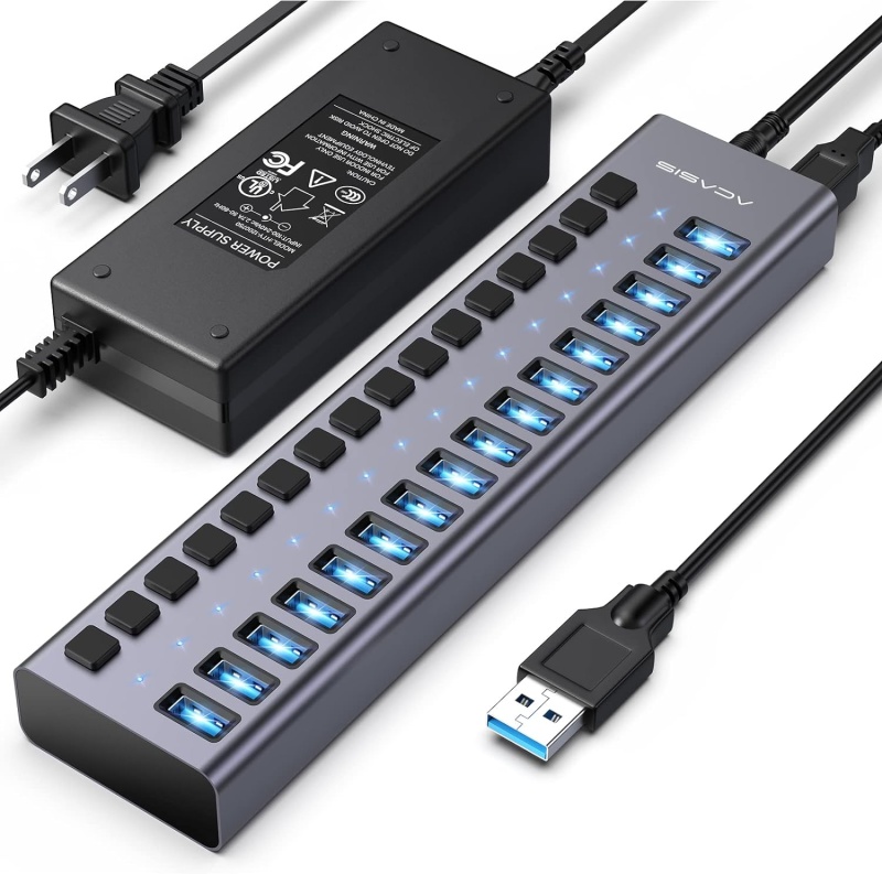 Powered Usb 3.2 Hub, Acasis 16 Ports Usb 3.2 Hub With 10Gbps Data Speed, Aluminum Housing, Usb Hub Powered With 96W Power Adapter, Usb Hub For Pc/Laptop, Computer, Flash Drive, Printer, Camera