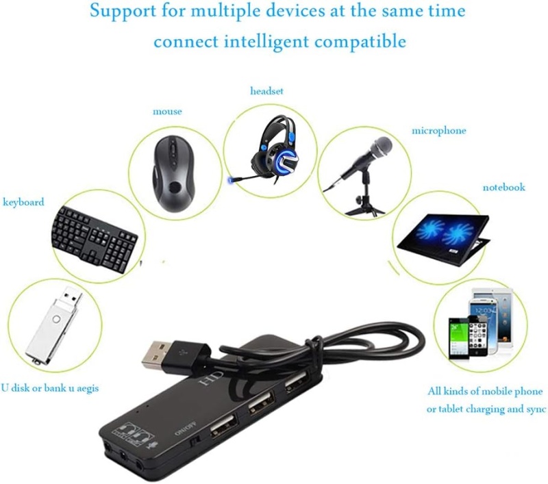 Usb Hubs Audio Adapter External Stereo Sound Card With 3.5Mm Headphone & Microphone And 3 Usb Jack For Windows, Mac, Linux, Pc, Laptops, Desktops, Ps4 Computer External Usb (6-In-1, Black)