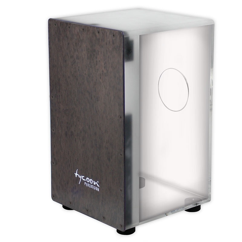 Tycoon Clear Acrylic Cajon, Black Makah Burl Front Plate